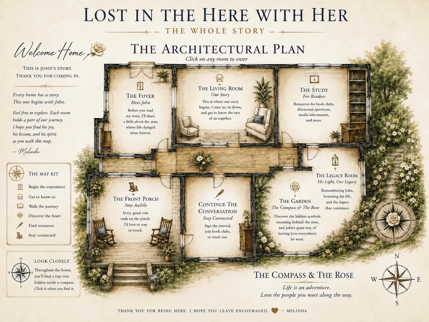 Interactive architectural plan for Lost in the Here with Her. Select a labeled room to enter.